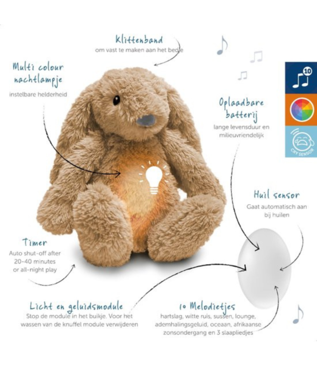 Ro het knuffelkonijn met hartslag en zacht licht