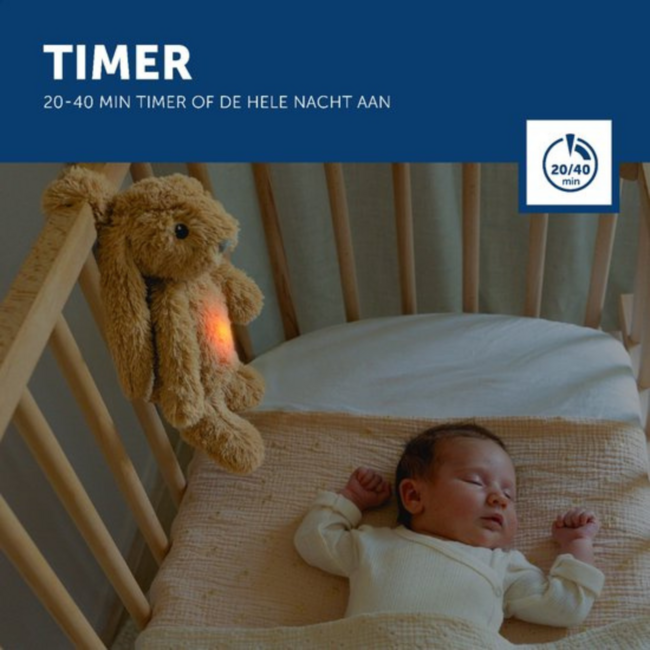 Ro het knuffelkonijn met hartslag en zacht licht