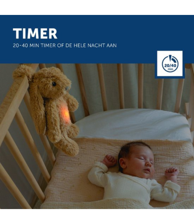 Ro het knuffelkonijn met hartslag en zacht licht