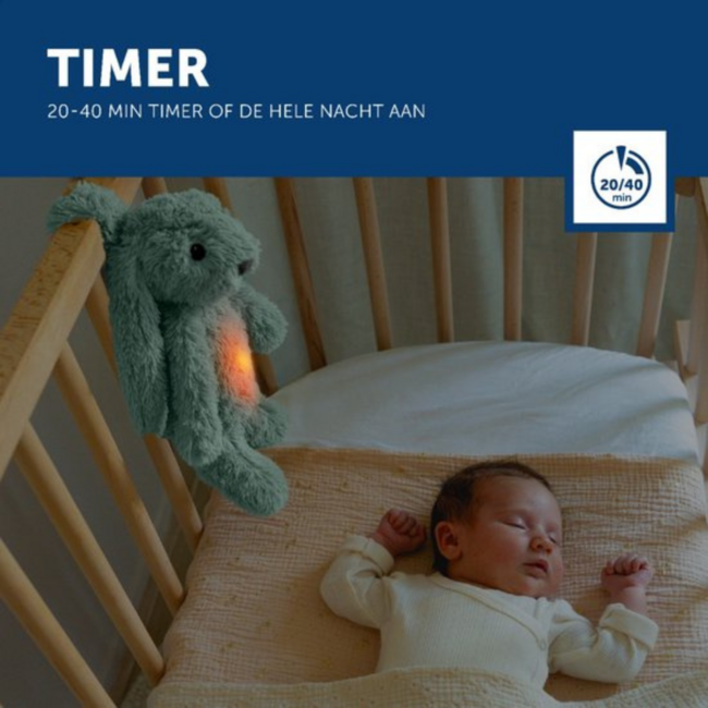 Ro het groene knuffelkonijn met hartslag en licht