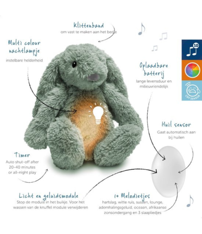 Ro het groene knuffelkonijn met hartslag en licht