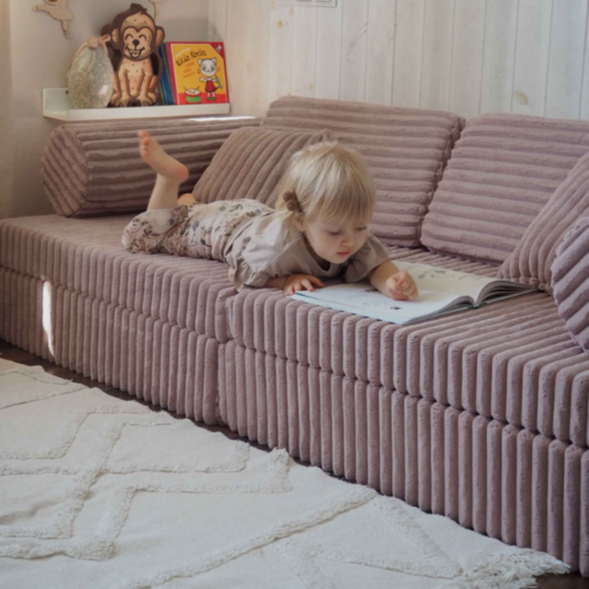 Luxus Montessori Spielsofa aus hellrosa Waffle-Cord – 13-teiliges modulares Set