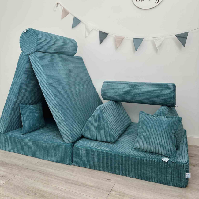 Banc de jeu Montessori bleu en tissu velours côtelé doux