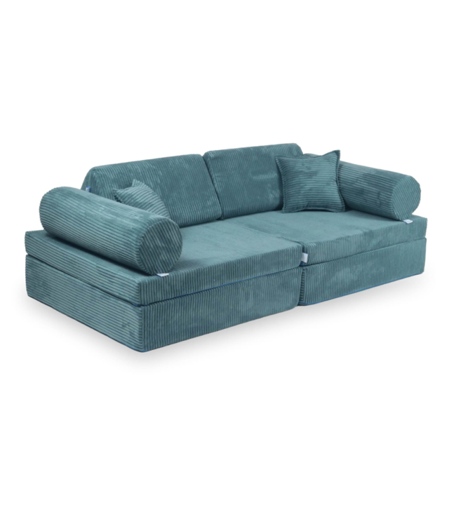 Blauwe Montessori speelbank van zachte corduroy stof