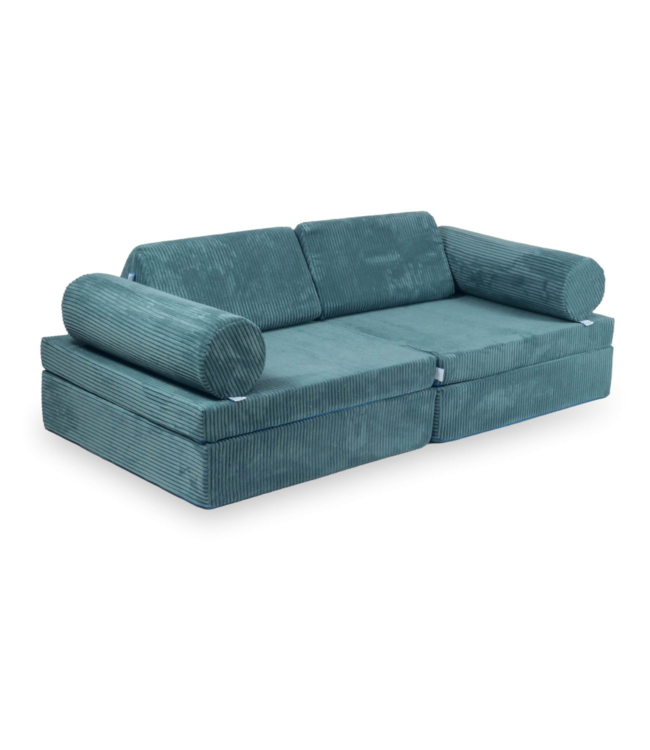 Blauwe Montessori speelbank van zachte corduroy stof