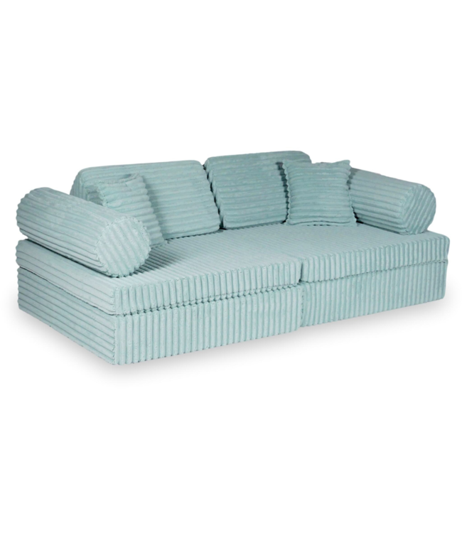Modulaire Montessori speelbank in licht mint waffle corduroy – 11-delig