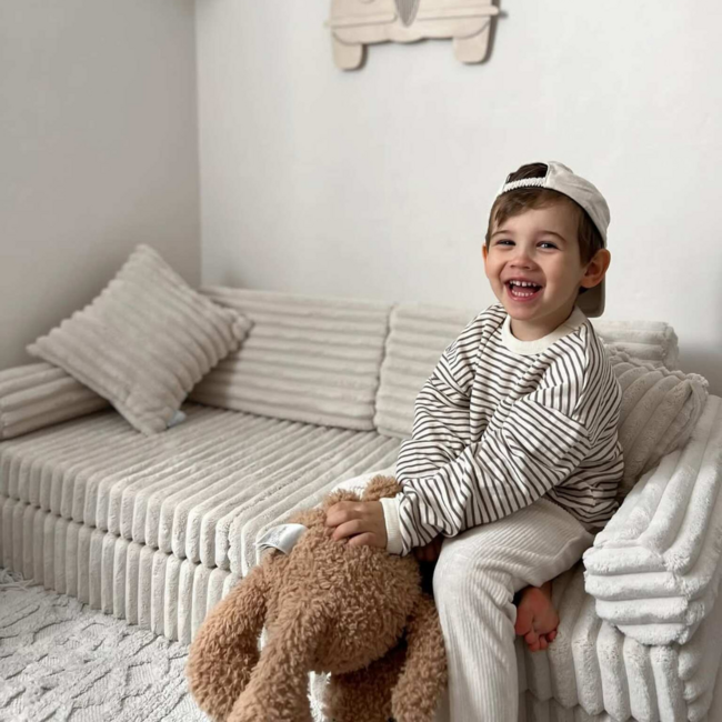 Beigekleurige mini Montessori Waffle-speelbank van zachte corduroy stof