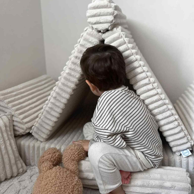 Beige mini Montessori Waffle play bench in soft corduroy fabric