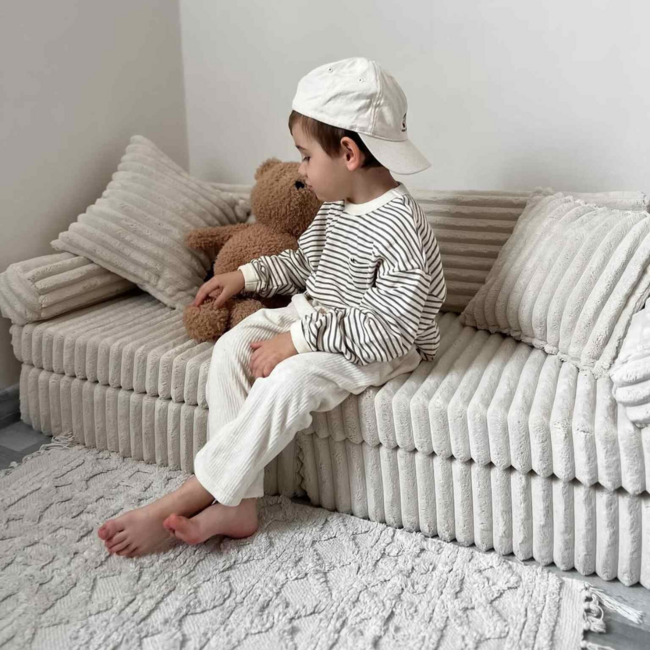 Beige mini Montessori Waffle play bench in soft corduroy fabric