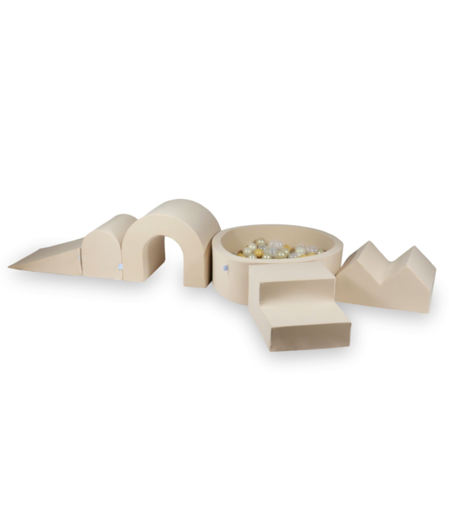 Foam speelset beige– 6-delig softplay klimtoestel met ballenbak – zachte 100% polyester bekleding