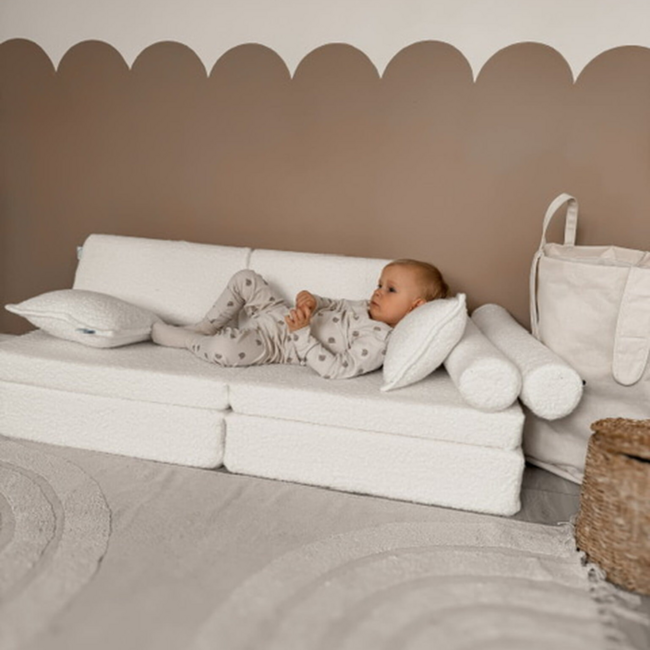 Modular Mini Montessori Playbench – Soft White Teddy, Safe and Compact for Children