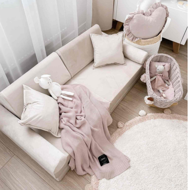 Mini Montessori play sofa in ecru velvet – compact modular design
