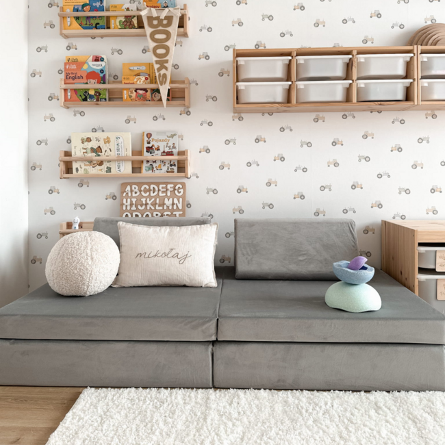 Canapé Mini Montessori en velvet gris – design modulaire compact