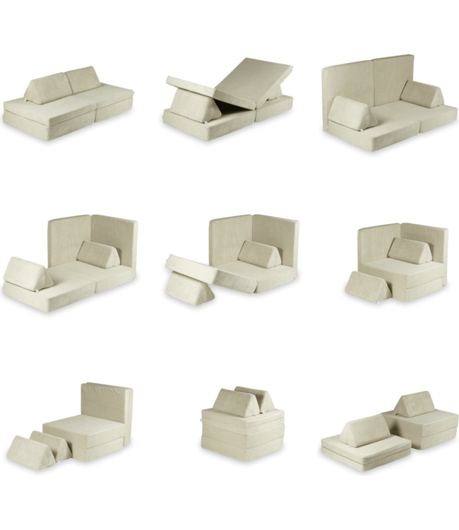 Modulaire kinderbank in beige corduroy met 13 zachte elementen.