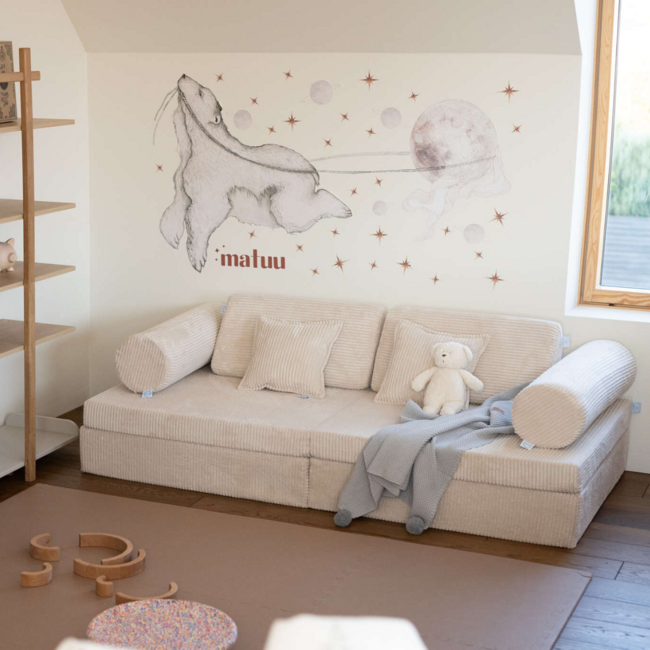 Beige luxury Montessori play bench in soft corduroy fabric