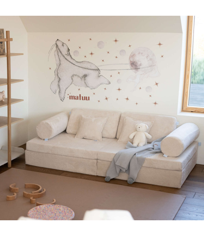 Modulaire kinderbank in beige corduroy met 13 zachte elementen.