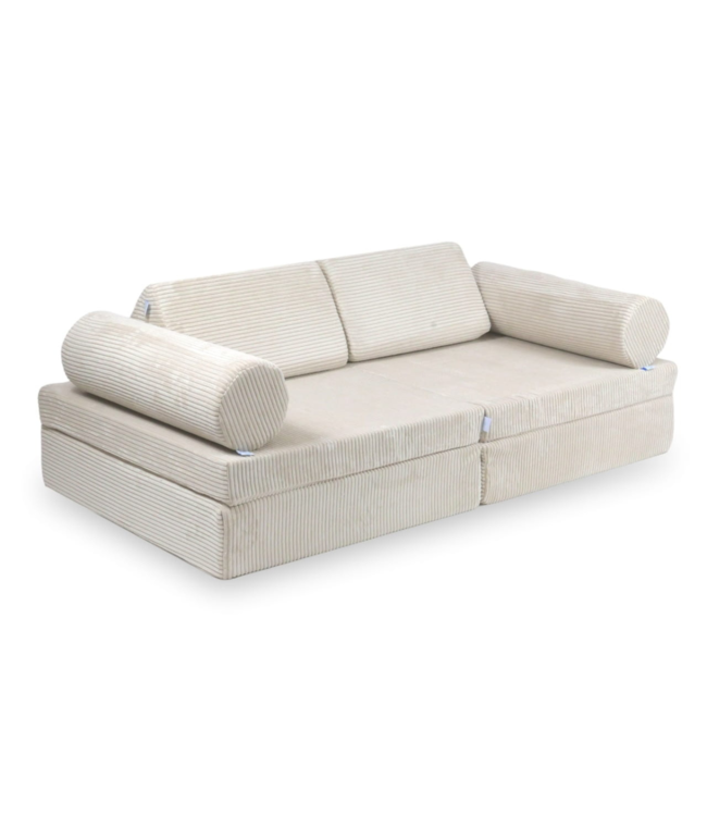 Modulaire kinderbank in beige corduroy met 13 zachte elementen.