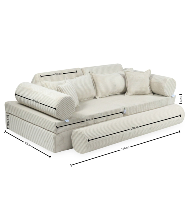 Modulaire kinderbank in beige corduroy met 13 zachte elementen.