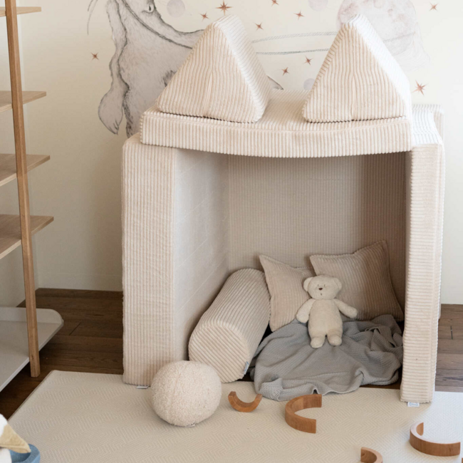 Beige luxury Montessori play bench in soft corduroy fabric