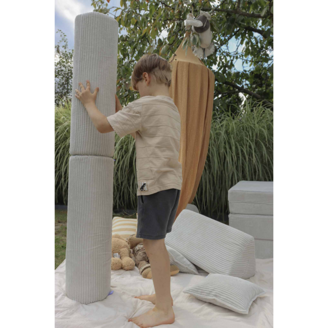 Grey luxury Montessori play bench in soft corduroy fabric