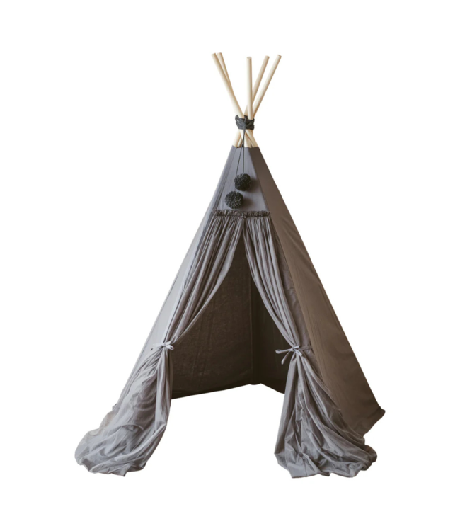 Grijze boho tipi tent van katoen en hout, ideaal voor creatief speelplezier