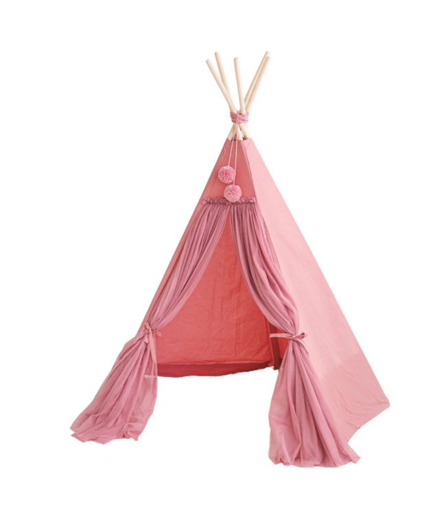 Roze boho tipi tent van katoen en hout voor creatief speelplezier