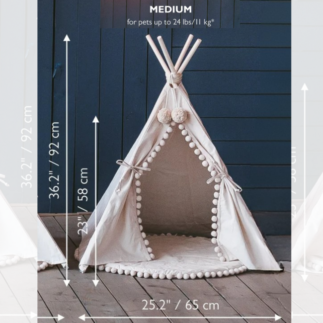 Tipi  tent voor middelgrote honden en grote katten in ecru met pompons – duurzaam, comfortabel en stijlvol (maat M)