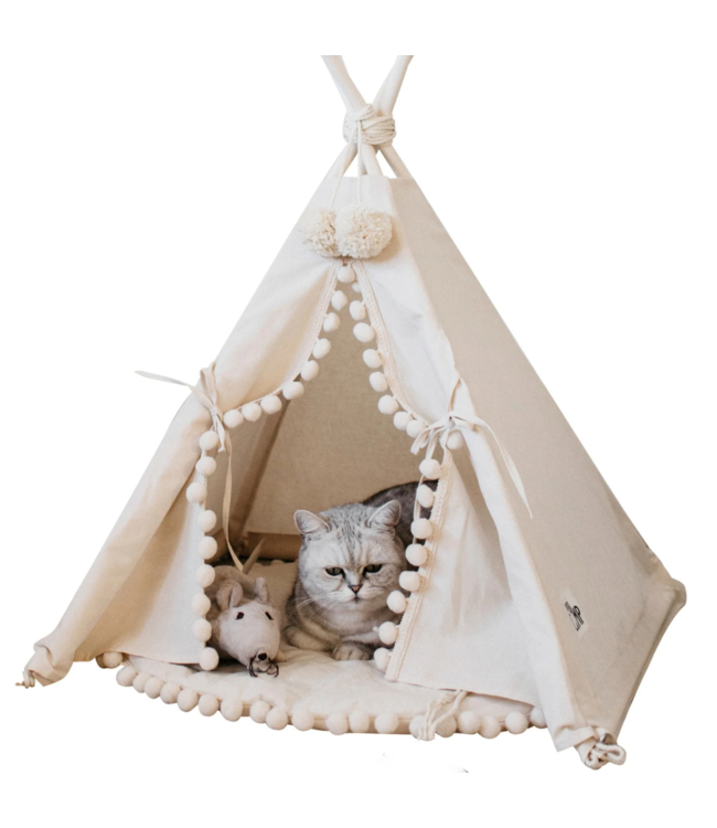 Tipi  tent  voor katten in ecru met pompons – maat S