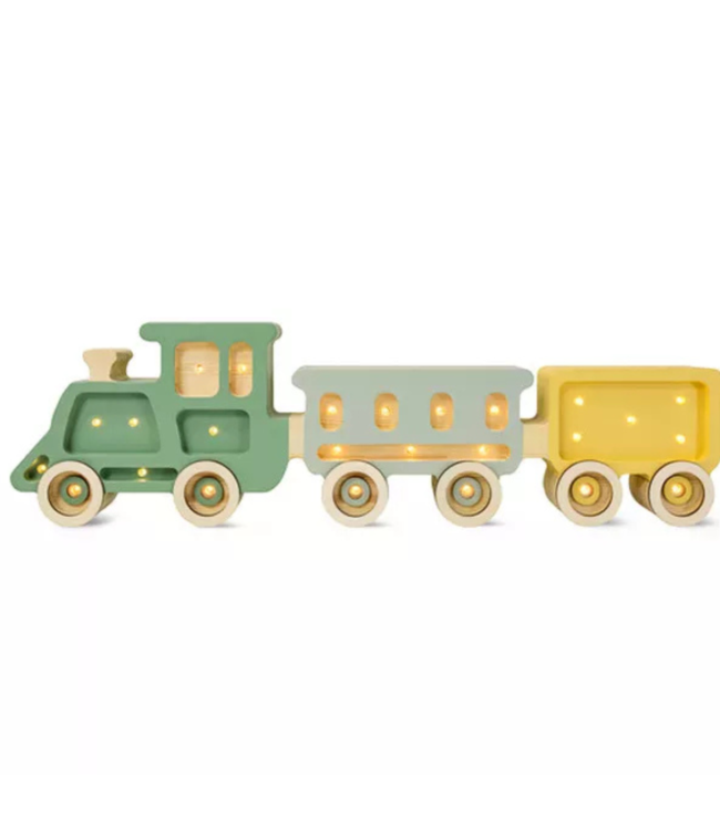Little Lights treinlamp Olive Valley – houten kinderlamp met 2 wagonne