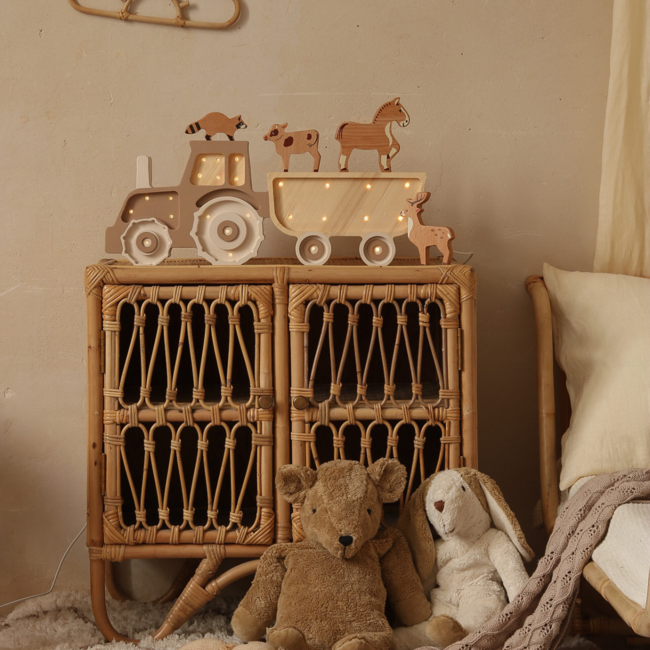 Wooden tractor lamp in coffee cream – handmade ambient lighting for kids’ room or play space