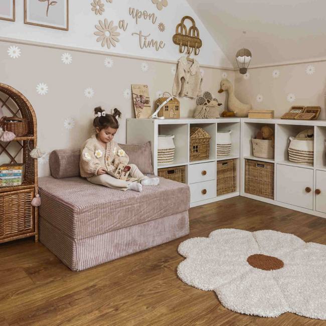 Lavendelfarbenes Montessori-Spielbank aus weichem Cordstoff