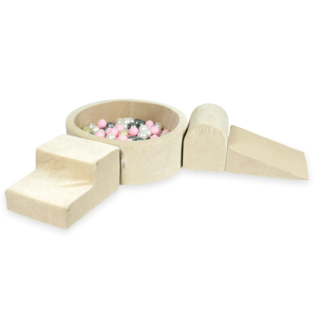 Velvet foam blokken speelset in beige met zachte ballenbak