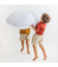 Oversized vloerkussen met pompoms – grijs met ruitpatroon