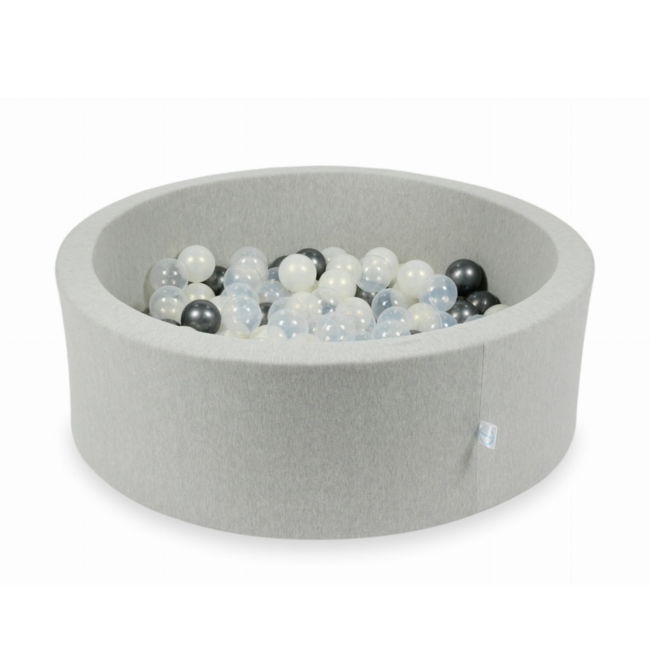 Grey ball pit with 200 soft balls – stylish and safe playtime fun