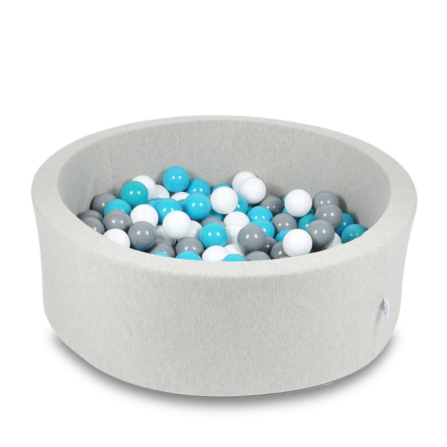 Grey ball pit with 200 soft balls – stylish and safe playtime fun