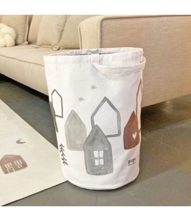 Speelgoedmand Scandi Town – stijlvolle opbergmand met minimalistische huisjesprint