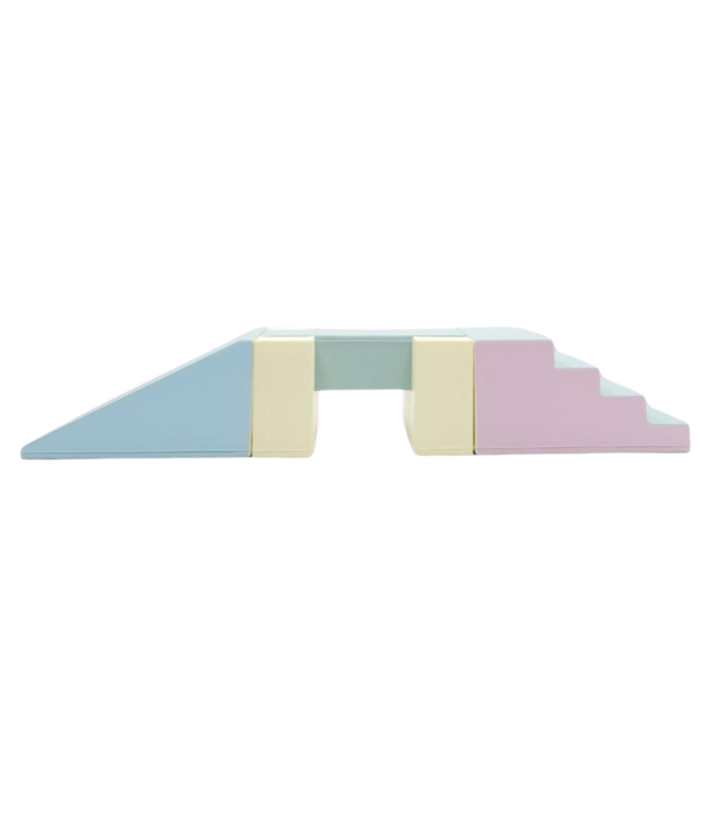 Foam blokken glijbaan XXL met Balance Bridge pastel – Modulaire speelset voor binnen en buiten, stimuleert motoriek en creatief spel