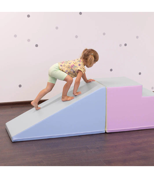 Foam blokken glijbaan XXL met Balance Bridge pastel – Modulaire speelset voor binnen en buiten, stimuleert motoriek en creatief spel