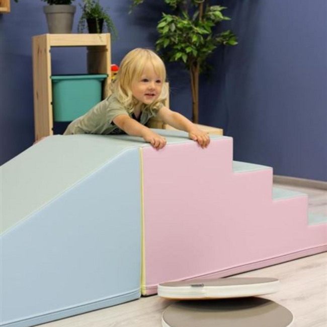 Foam slide set with bridge – Softplay set in soft pastel colours for climbing, sliding and endless fun