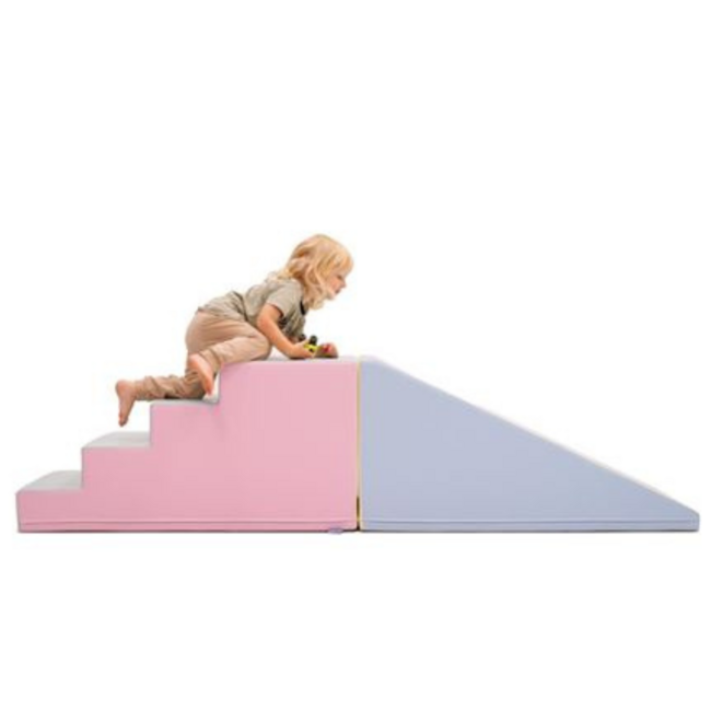 Ensemble toboggan en mousse avec pont – Set softplay aux couleurs pastel pour jouer, grimper et glisser en toute sécurité