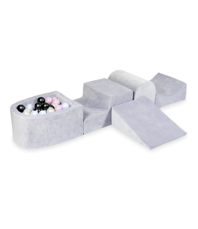 Grijze foam speelset met ballenbak – zachte velvet speelblokken voor kinderen
