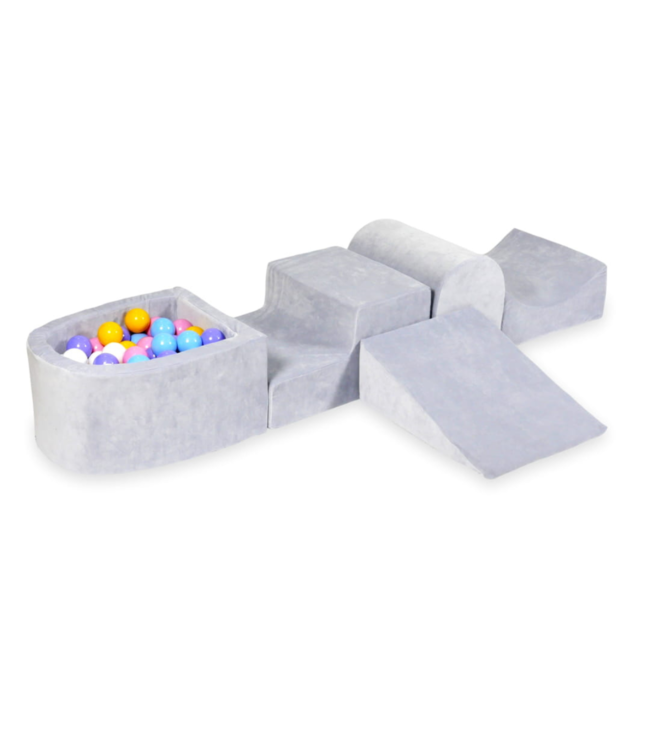 Grijze foam speelset met ballenbak – zachte velvet speelblokken voor kinderen