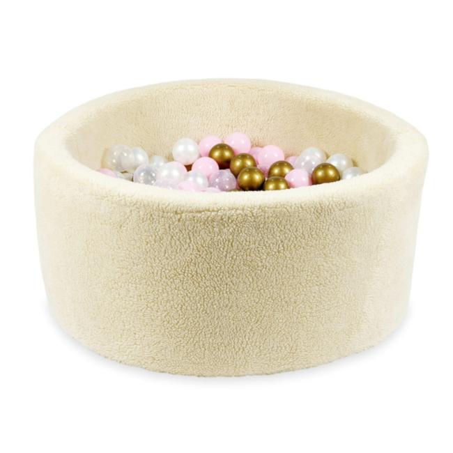 Piscine à balles beige en tissu teddy avec 300 balles – aire de jeu douce 90x40 cm pour bébés et tout-petits