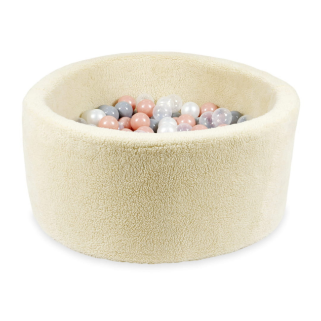 Piscine à balles beige en tissu teddy avec 300 balles – aire de jeu douce 90x40 cm pour bébés et tout-petits