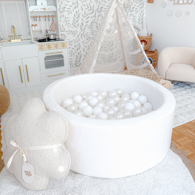 Piscine à balles blanche en tissu teddy 90 x 30 cm – aire de jeu compacte et douce pour les tout-petits