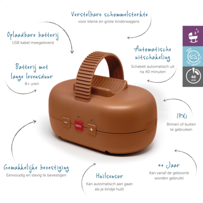 Comfortabele baby rocker Robby met zachte schommelstanden voor onderweg, in bruin