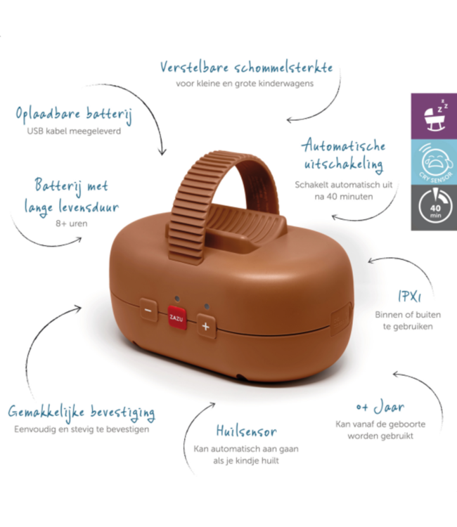 Comfortabele baby rocker Robby met zachte schommelstanden voor onderweg, in bruin