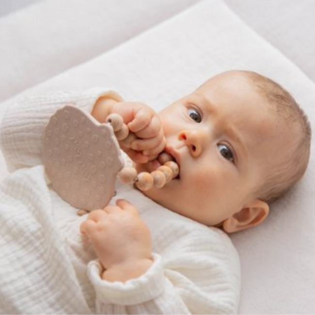 Beißspielzeug in Muschelform mit Holzkugeln – Silikonspielzeug in Nougatfarbe für Babys