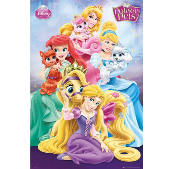 Affiche colorée avec les princesses Disney et leurs adorables animaux – idéale pour la chambre d’enfant