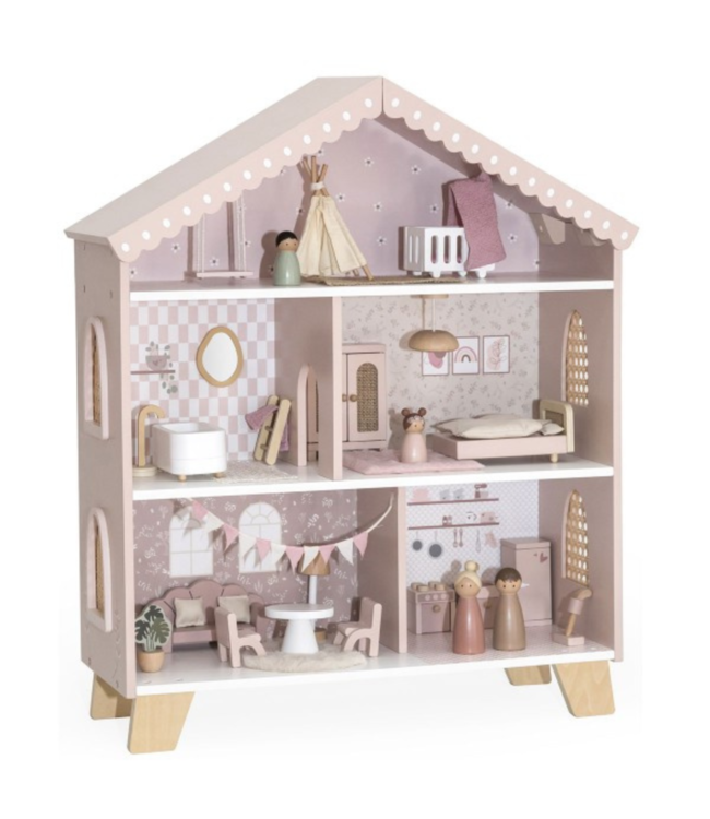Roze houten poppenhuis met speelse details